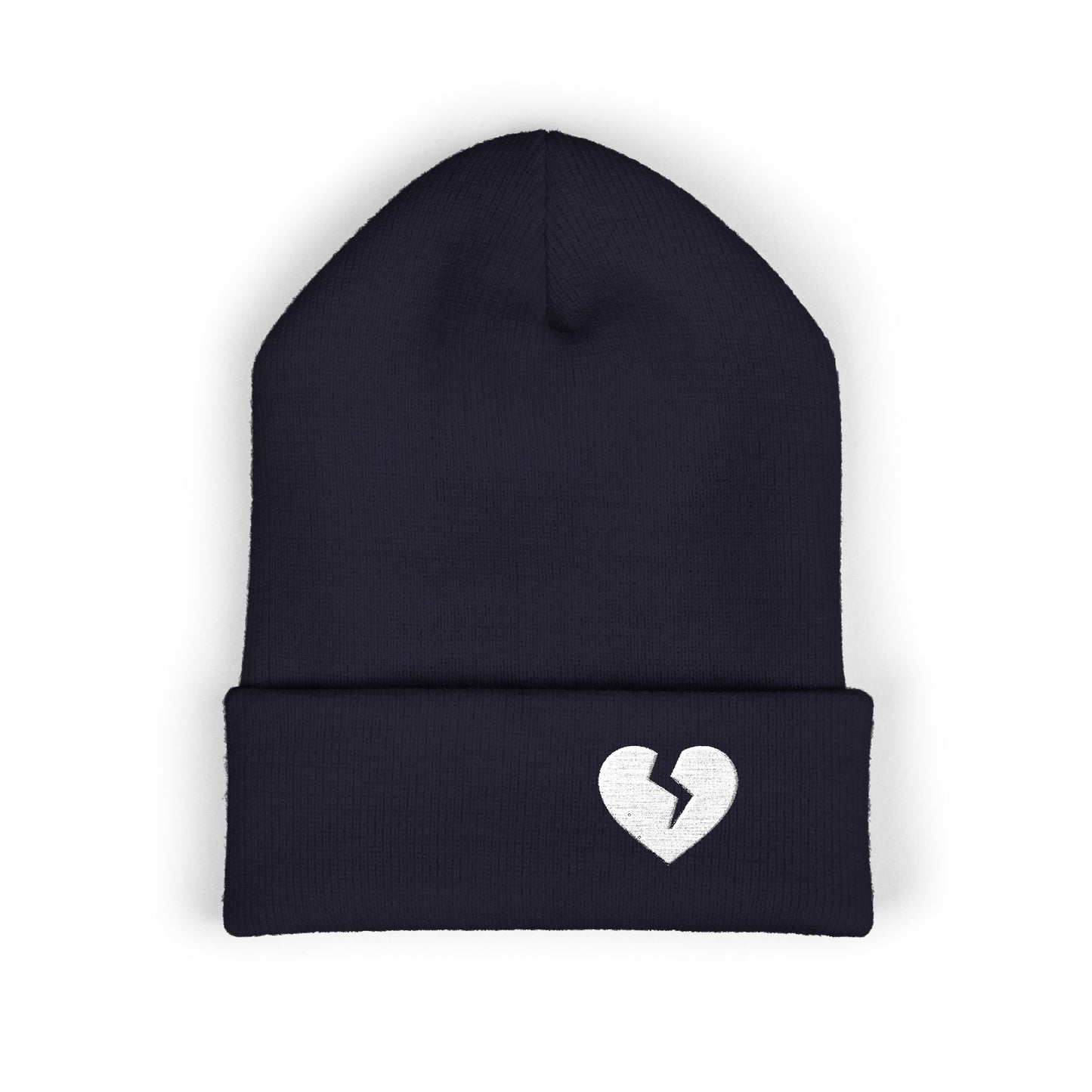 Embroidered Broken Heart Cuffed Beanie — White-Heart Minimalist Knit Hat
