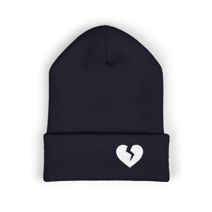 Embroidered Broken Heart Cuffed Beanie — White-Heart Minimalist Knit Hat