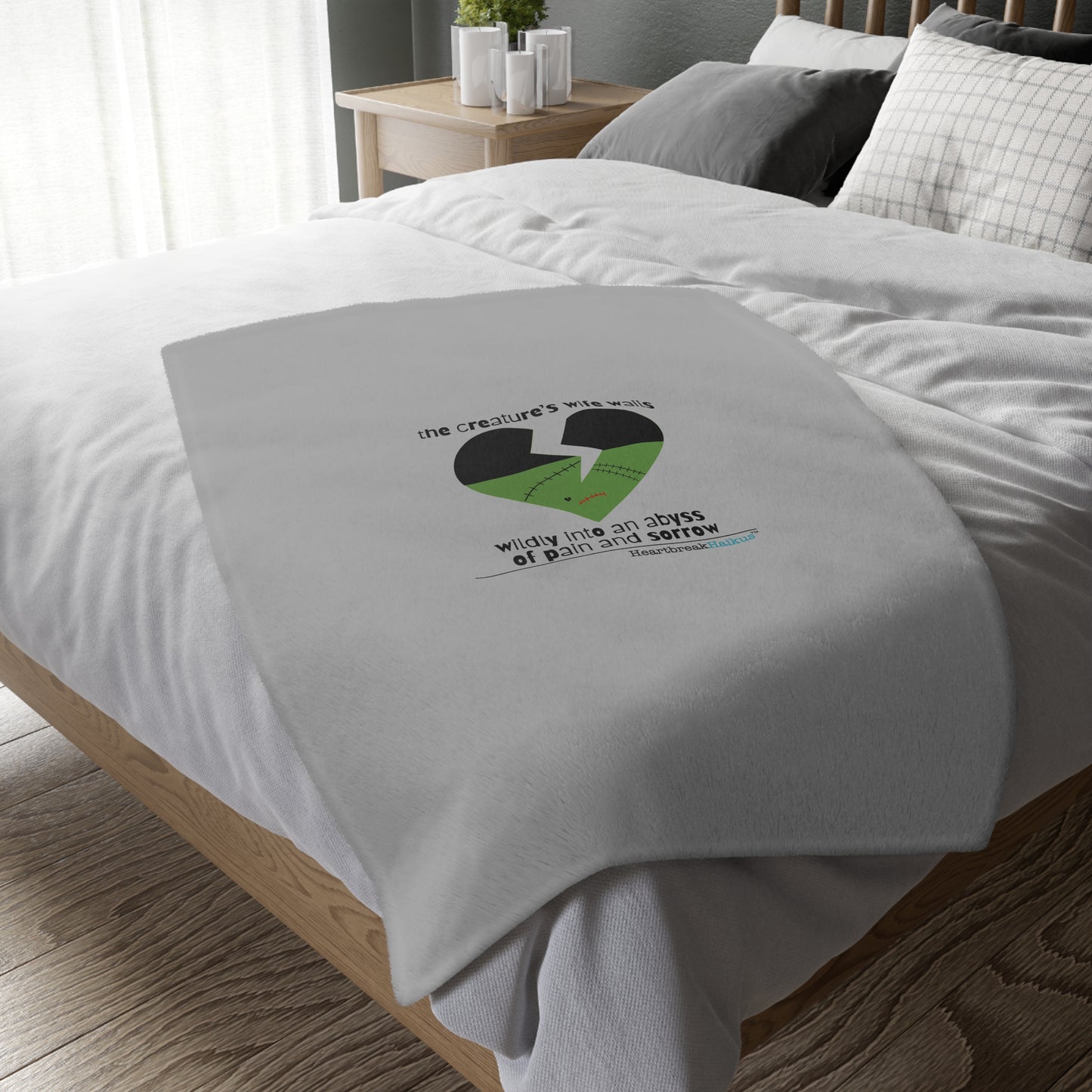The Creature's Wife Wails Wildly Frankenstein Haiku - Plush Throw Blanket (in Stone Grey)