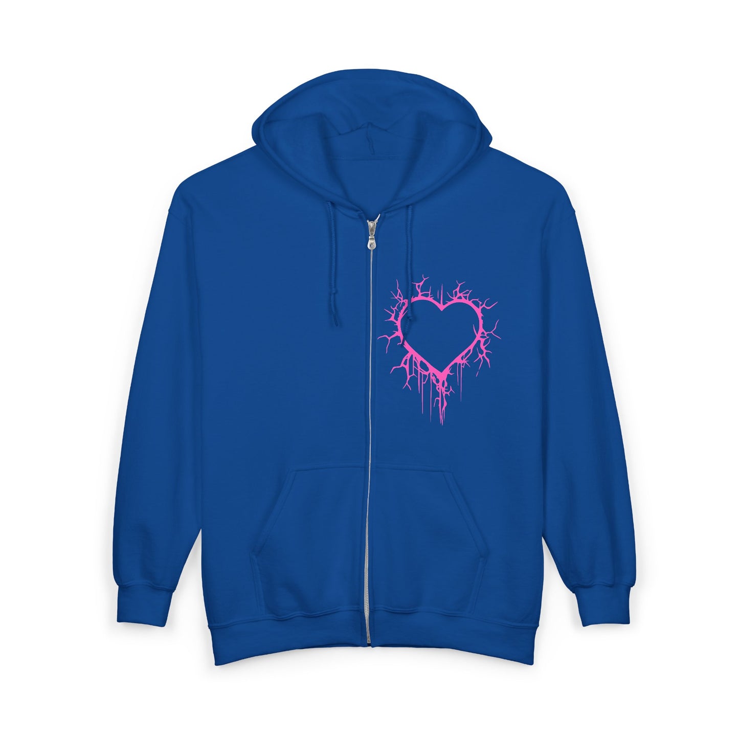 Lightning-Cracked Hollow Heart Zip Hoodie — Alternative/Goth/Punk Bleeding Heart Full‑Zip Sweatshirt in Electric Pink (The Only Hearts Collection)