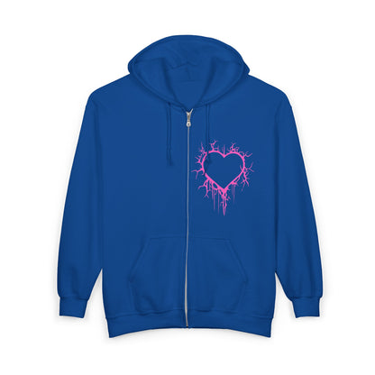 Lightning-Cracked Hollow Heart Zip Hoodie — Alternative/Goth/Punk Bleeding Heart Full‑Zip Sweatshirt in Electric Pink (The Only Hearts Collection)