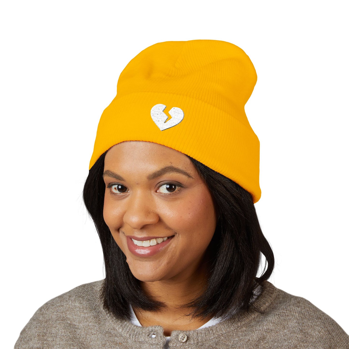 Embroidered Broken Heart Cuffed Beanie — White-Heart Minimalist Knit Hat
