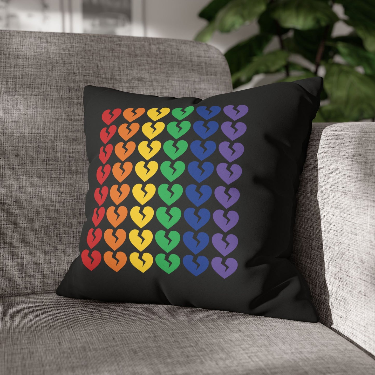 Rainbow Broken Hearts (on Midnight Black) - Faux Suede Square Pillowcase (Only Hearts Collection)