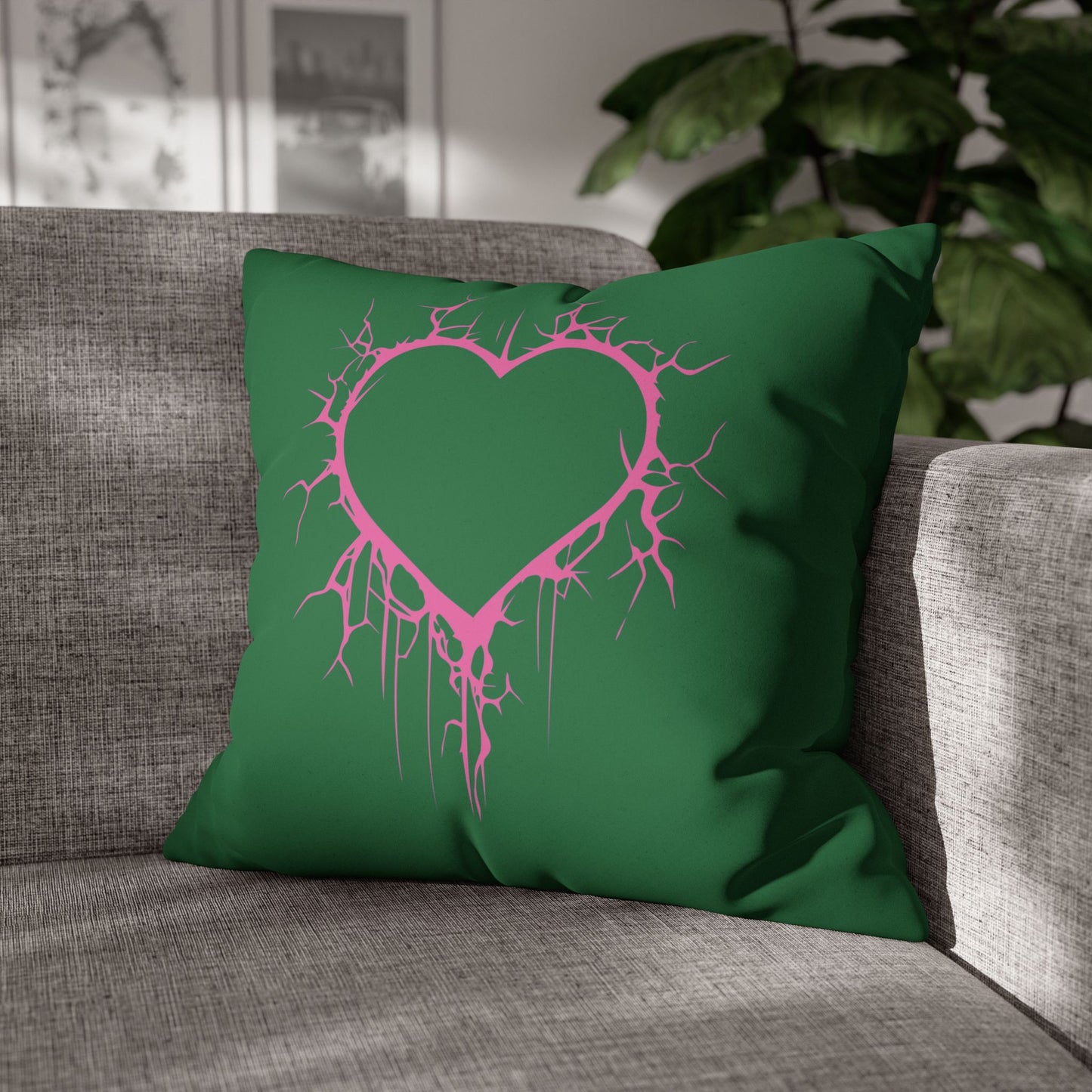 Lightning-Cracked Heart - Faux Suede Square Pillowcase (in Wicked Green and Electric Pink)