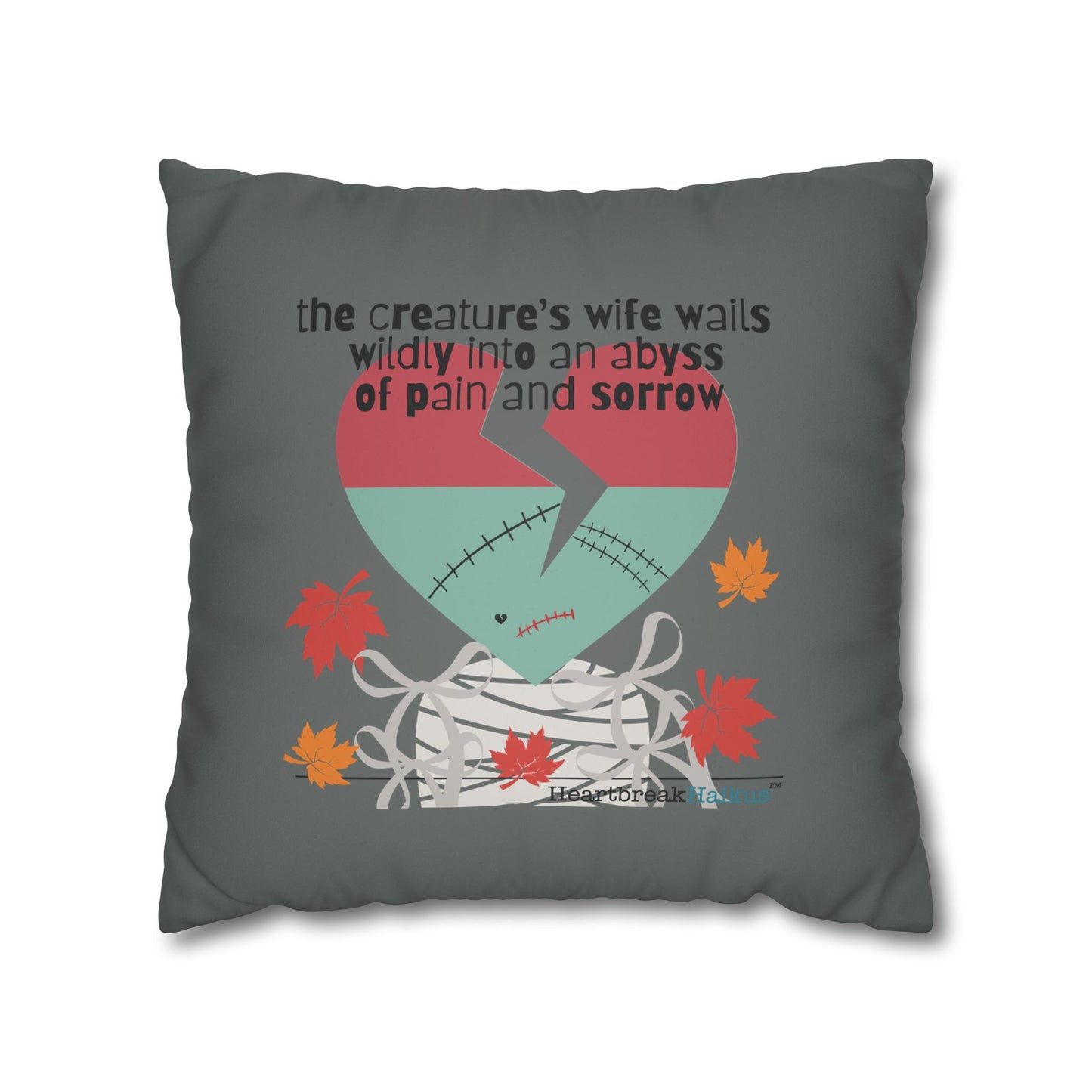 The Creature's Wife Wails Frankenstein Haiku - Faux Suede Square Pillowcase (in Moody Grey) - Frankenstein 2025 Makeover