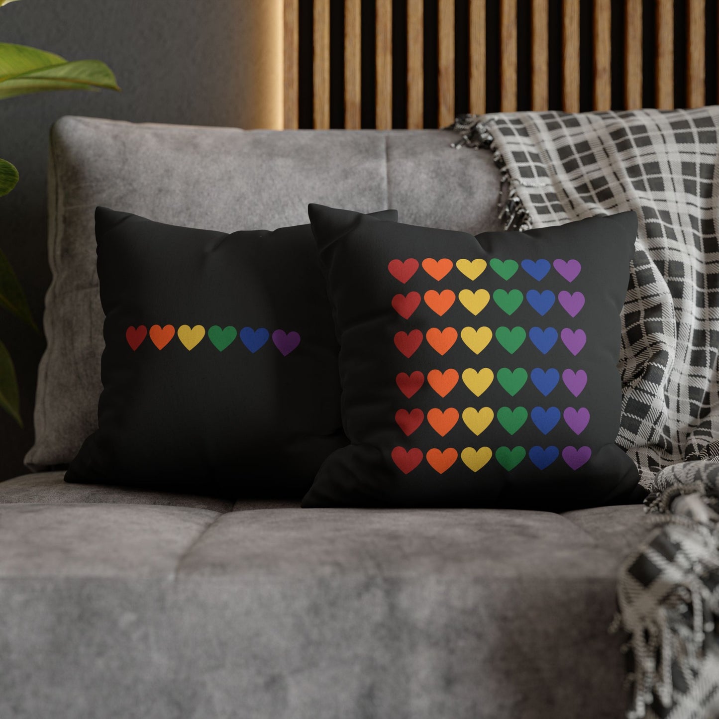 Rainbow Hearts on Black - Faux Suede Square Pillowcase (Only Hearts Collection)