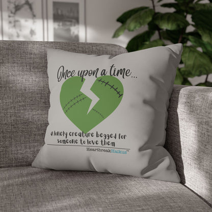 A Lonely Creature Begged Frankenstein Haiku - Faux Suede Square Pillowcase (in Light Grey)