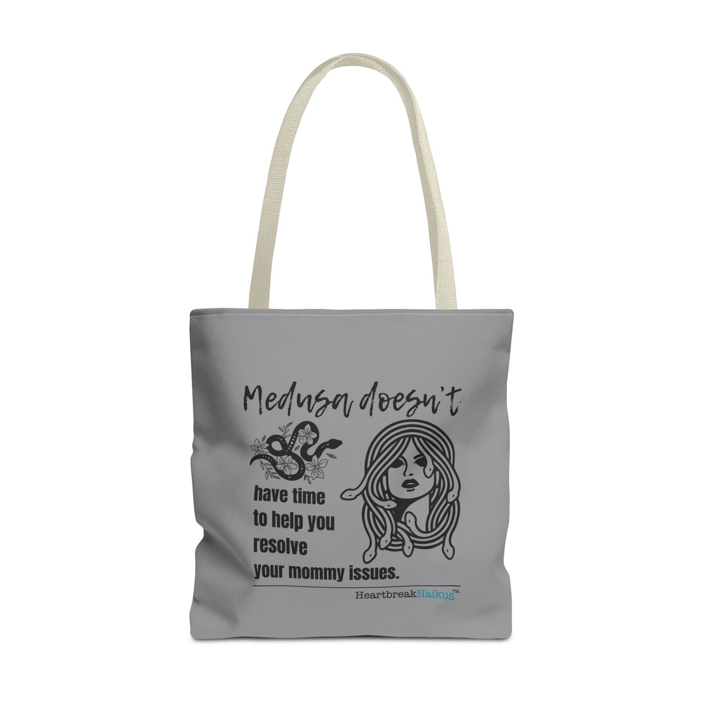 Medusa and Your Mommy Haiku - Tote Bag (Dual-sided print in Stone Grey)