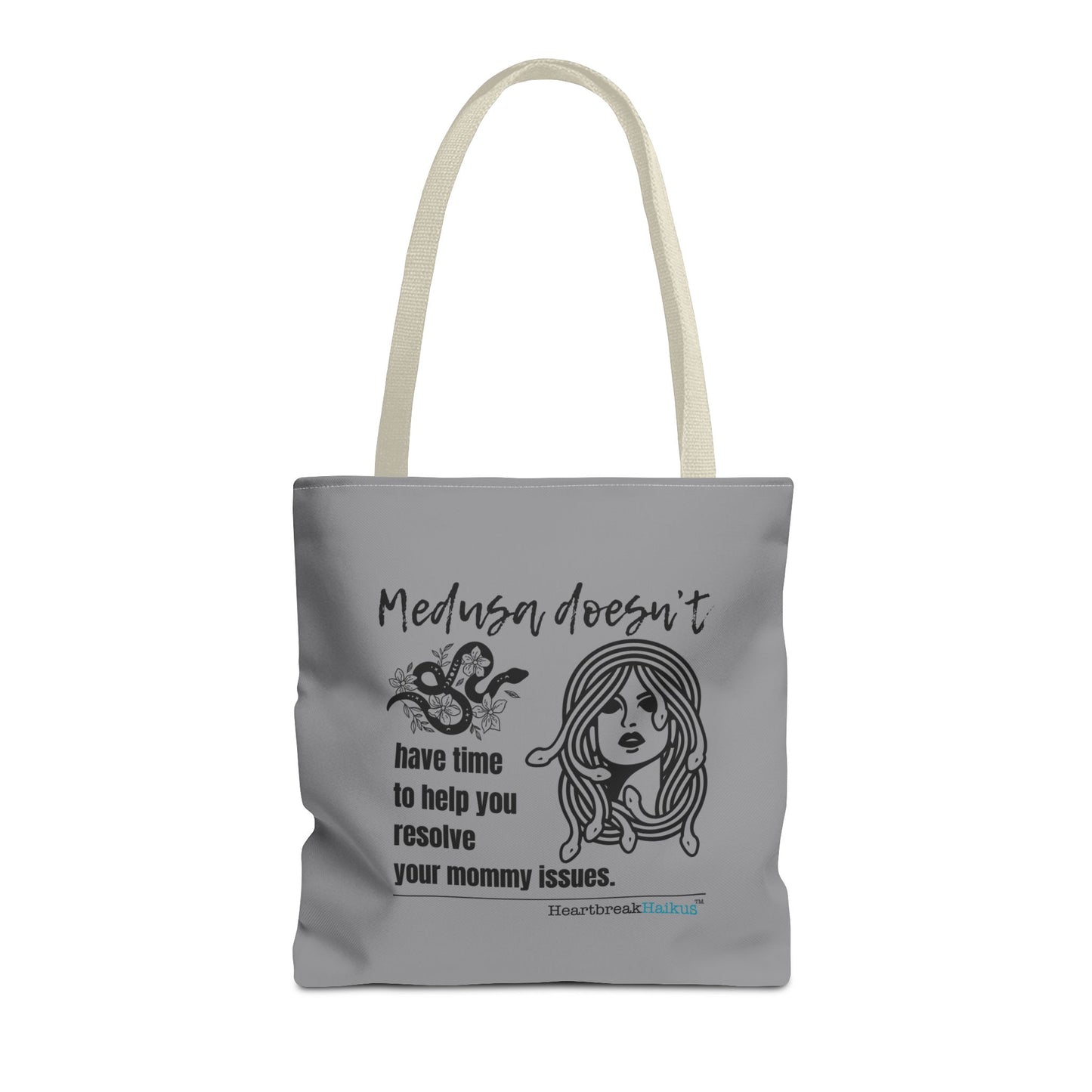 Medusa and Your Mommy Haiku - Tote Bag (Dual-sided print in Stone Grey)