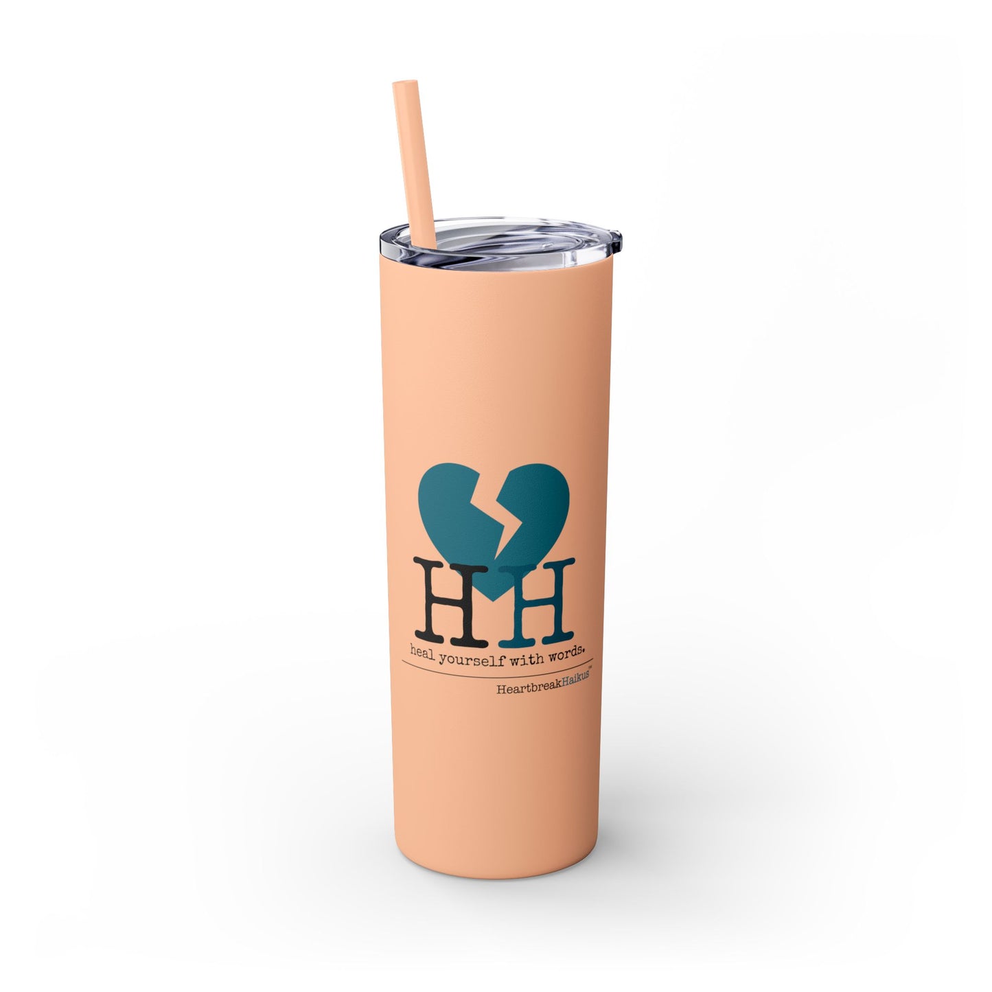 "Heal yourself with words." (Broken heart design) Skinny Tumbler with Eco-Friendly, Reusable, Matching Straw, 20oz