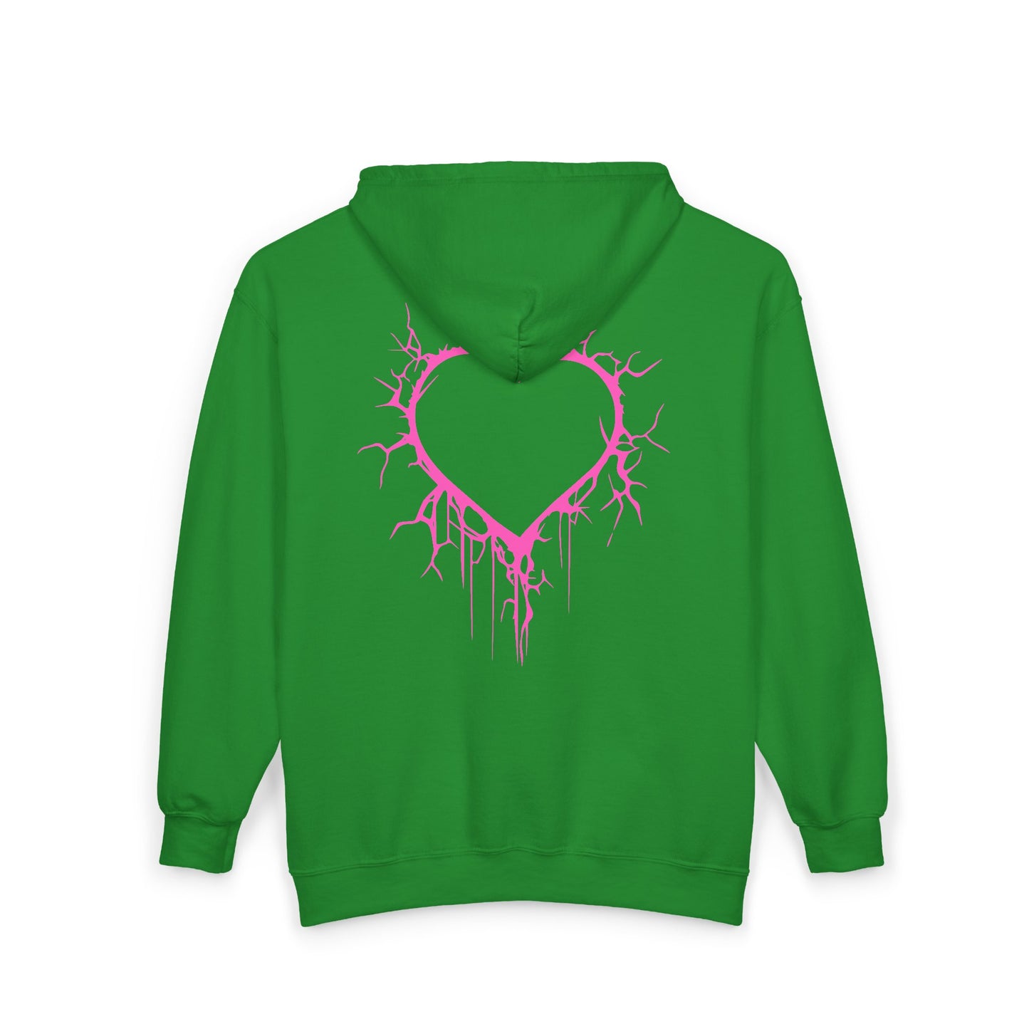 Lightning-Cracked Hollow Heart Zip Hoodie — Alternative/Goth/Punk Bleeding Heart Full‑Zip Sweatshirt in Electric Pink (The Only Hearts Collection)