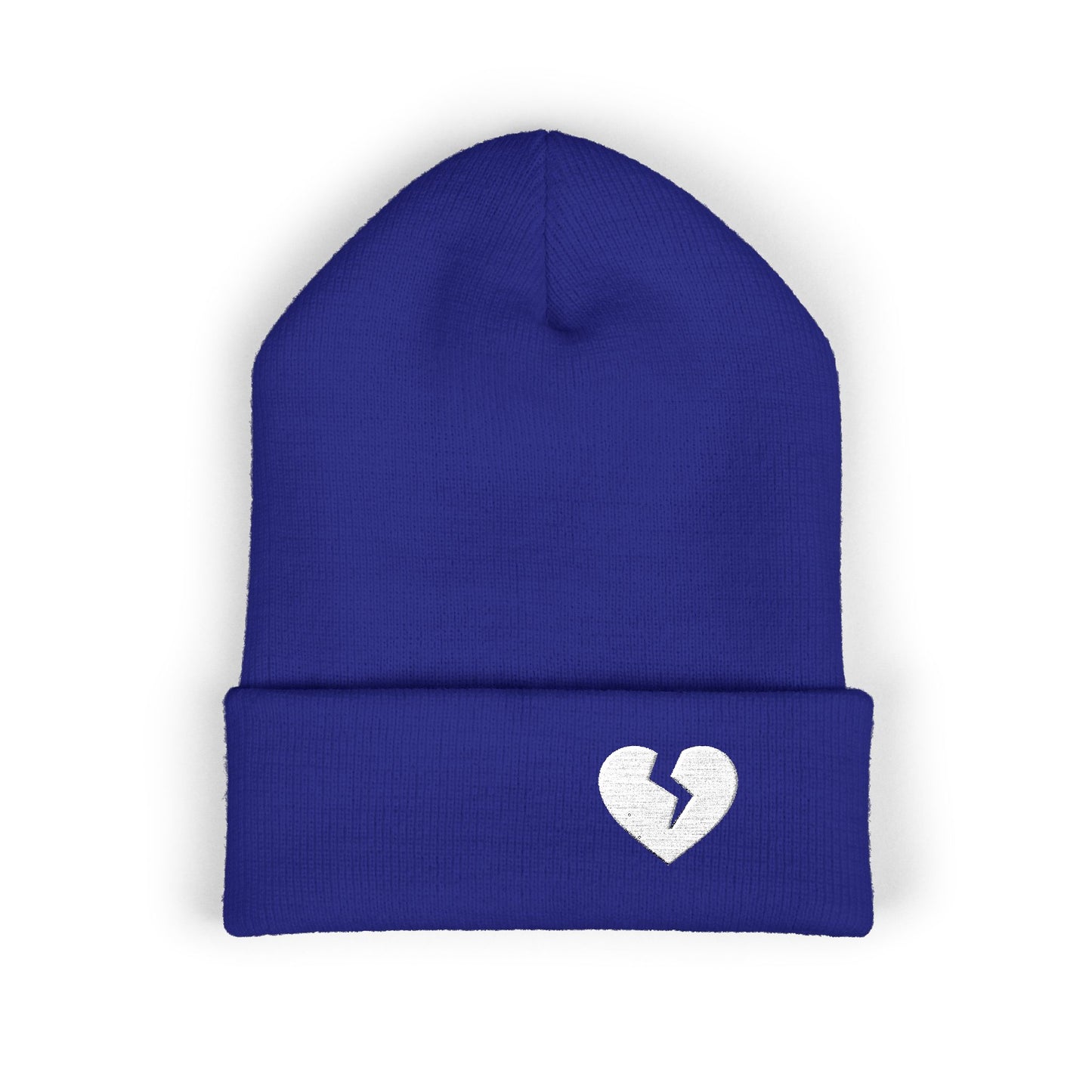 Embroidered Broken Heart Cuffed Beanie — White-Heart Minimalist Knit Hat