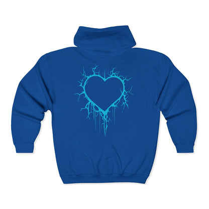 Lightning-Cracked Hollow Heart Zip Hoodie (in Electric Blue) - (The Only Hearts Collection)