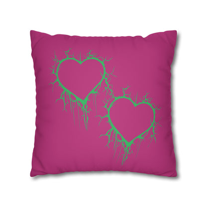 Lightning-Cracked Hearts - Faux Suede Square Pillowcase (in Pink and Wicked Green)