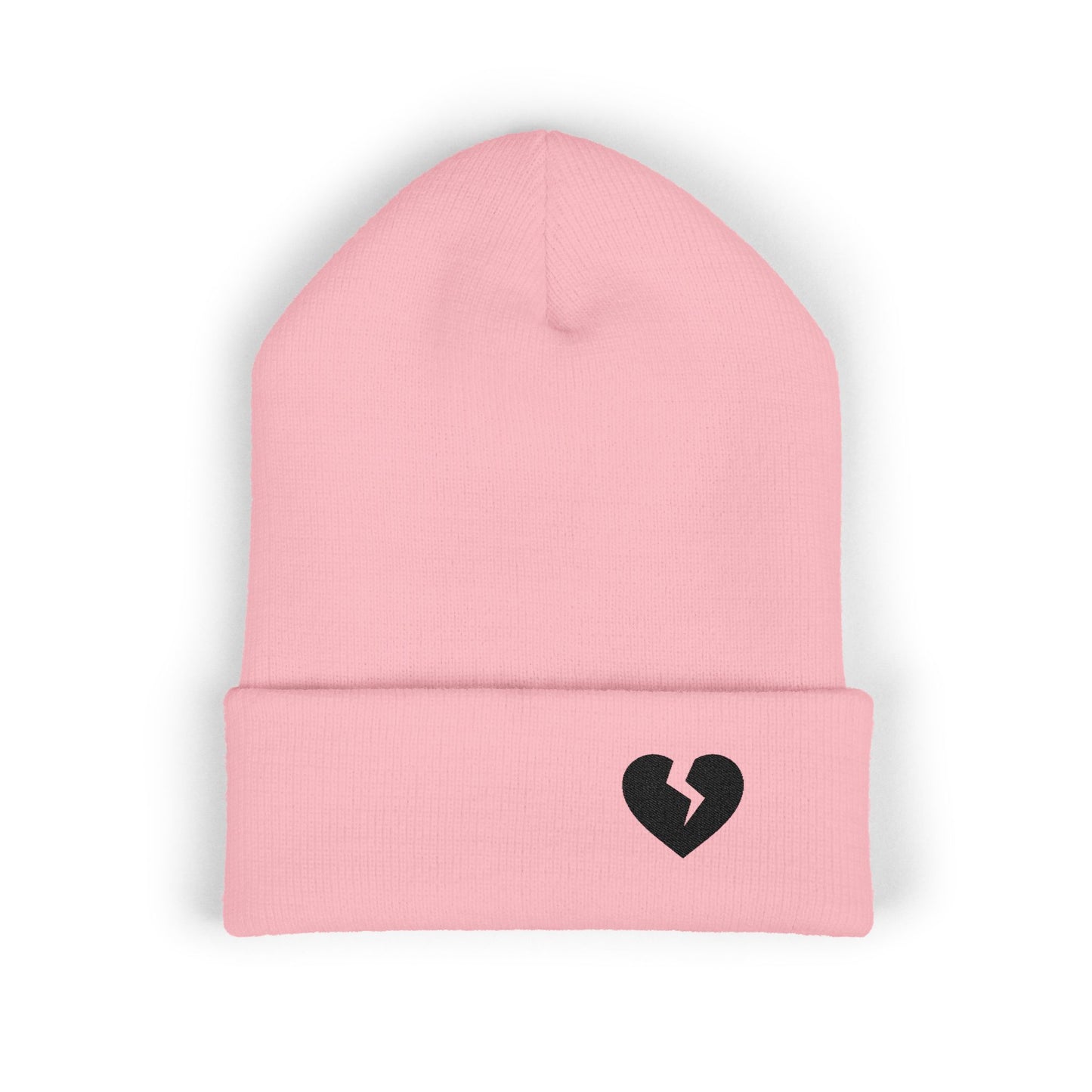 Embroidered Broken Heart Cuffed Beanie — Black-Heart Minimalist Knit Hat