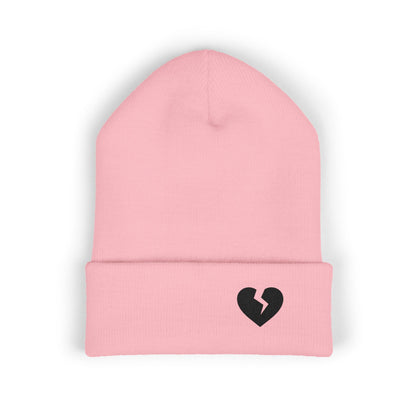 Embroidered Broken Heart Cuffed Beanie — Black-Heart Minimalist Knit Hat