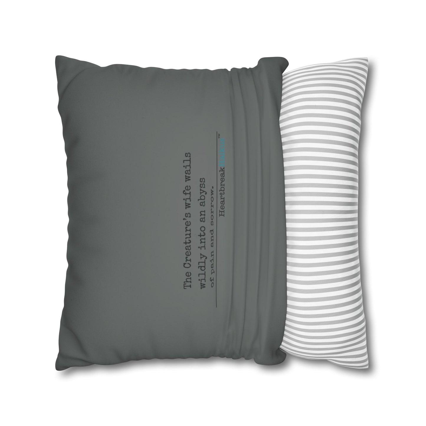 The Creature's Wife Wails Frankenstein Haiku - Faux Suede Square Pillowcase (in Moody Grey) - Frankenstein 2025 Makeover
