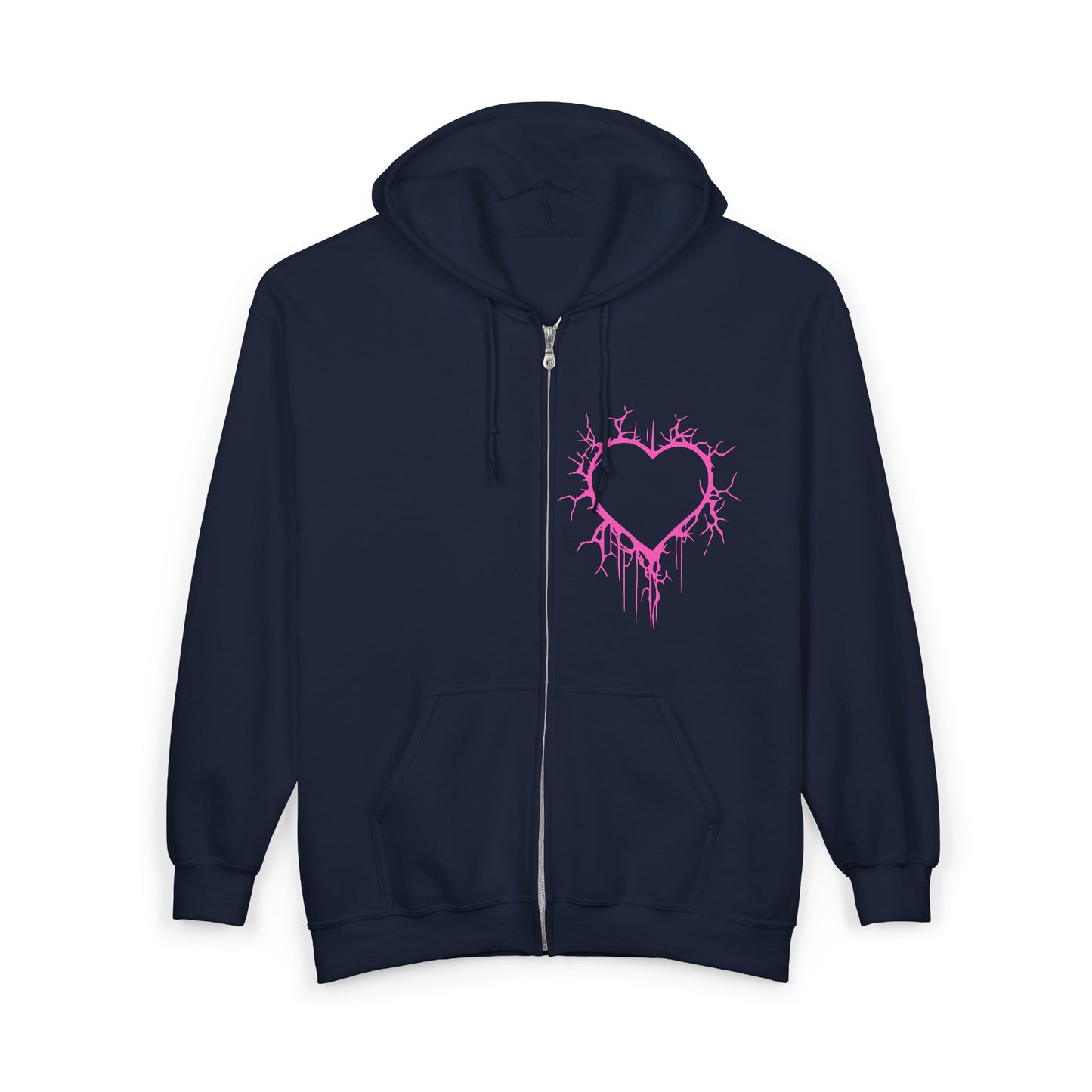 Lightning-Cracked Hollow Heart Zip Hoodie — Alternative/Goth/Punk Bleeding Heart Full‑Zip Sweatshirt in Electric Pink (The Only Hearts Collection)