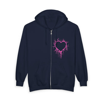 Lightning-Cracked Hollow Heart Zip Hoodie — Alternative/Goth/Punk Bleeding Heart Full‑Zip Sweatshirt in Electric Pink (The Only Hearts Collection)