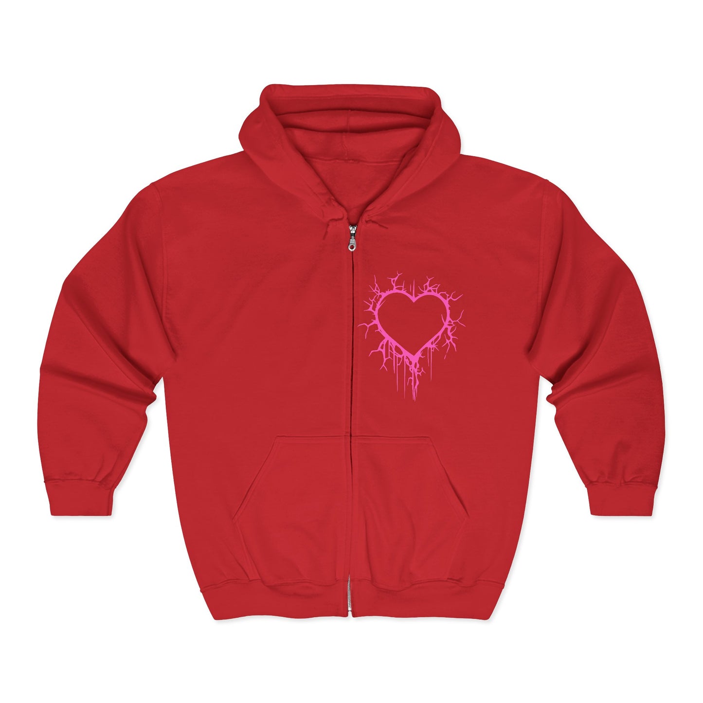 Lightning-Cracked Hollow Heart Zip Hoodie — Alternative/Goth/Punk Bleeding Heart Full‑Zip Sweatshirt in Electric Pink (The Only Hearts Collection)