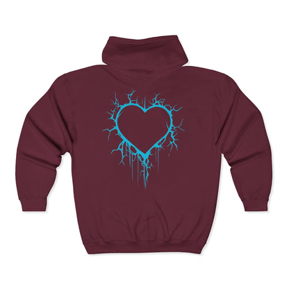 Lightning-Cracked Hollow Heart Zip Hoodie (in Electric Blue) - (The Only Hearts Collection)
