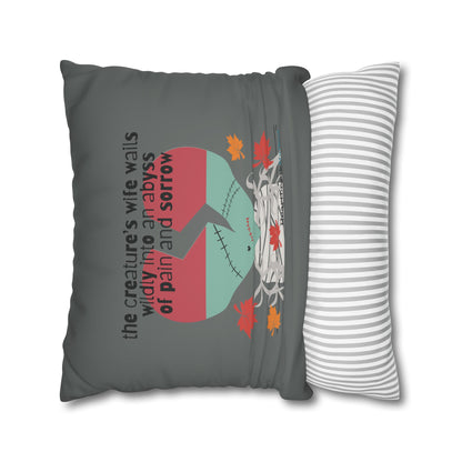 The Creature's Wife Wails Frankenstein Haiku - Faux Suede Square Pillowcase (in Moody Grey) - Frankenstein 2025 Makeover