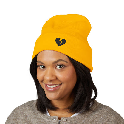 Embroidered Broken Heart Cuffed Beanie — Black-Heart Minimalist Knit Hat