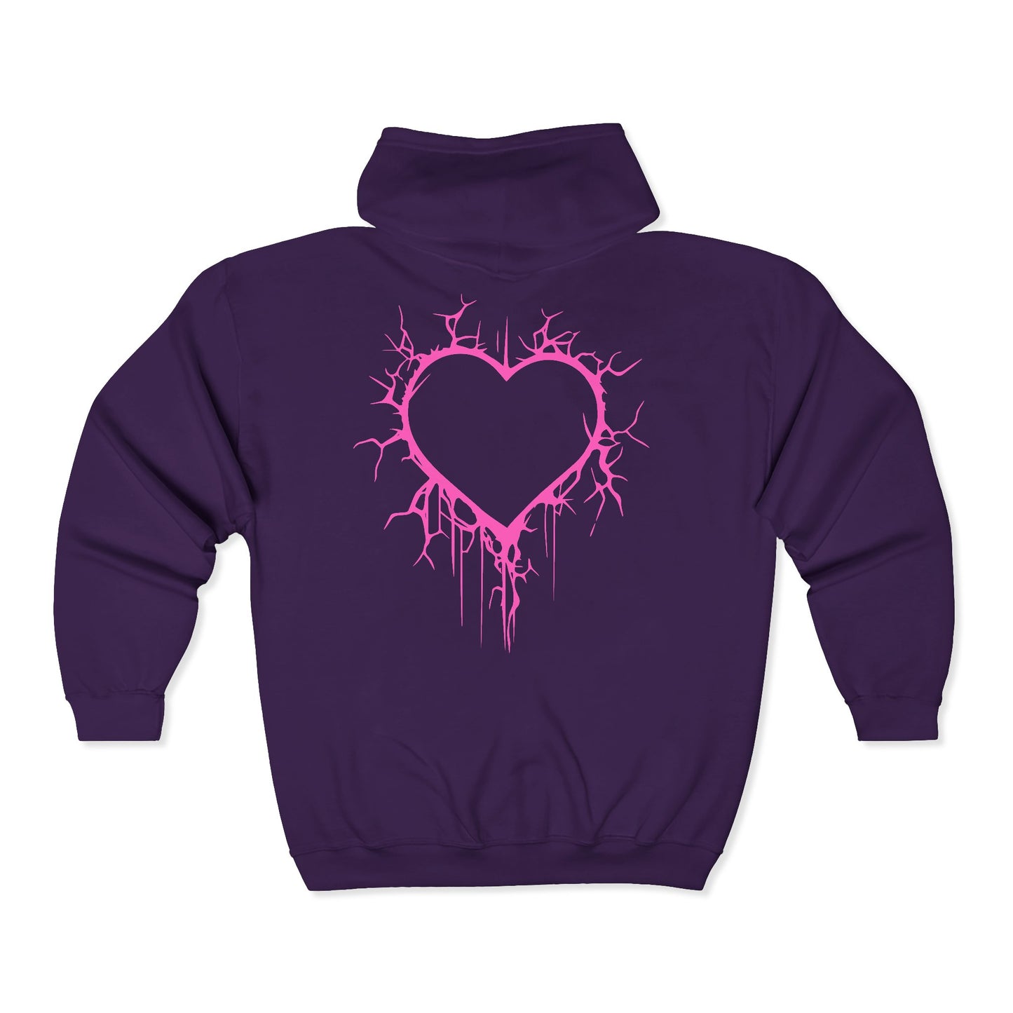 Lightning-Cracked Hollow Heart Zip Hoodie — Alternative/Goth/Punk Bleeding Heart Full‑Zip Sweatshirt in Electric Pink (The Only Hearts Collection)
