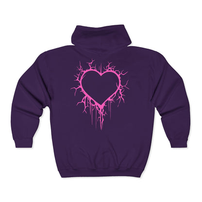 Lightning-Cracked Hollow Heart Zip Hoodie — Alternative/Goth/Punk Bleeding Heart Full‑Zip Sweatshirt in Electric Pink (The Only Hearts Collection)