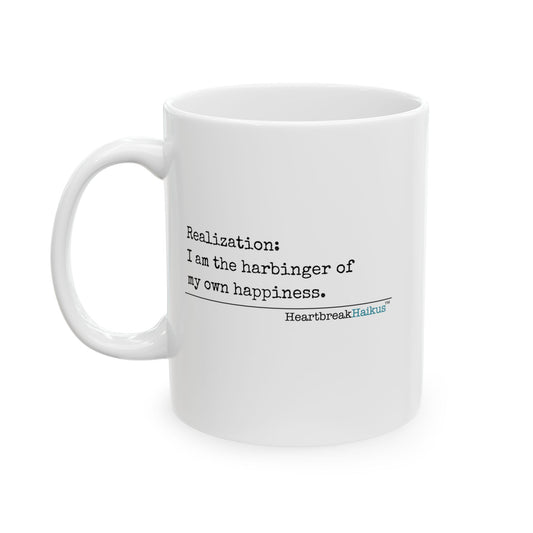 Harbinger of Happiness Haiku - Ceramic Mug (11oz or 15oz), Double-sided vintage typewriter font.