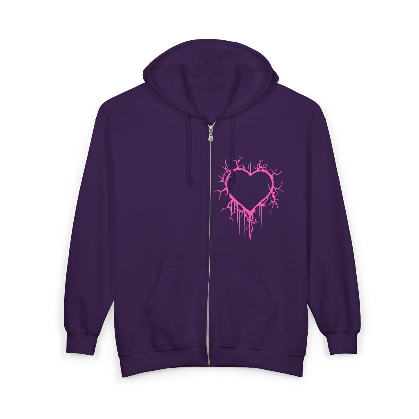 Lightning-Cracked Hollow Heart Zip Hoodie — Alternative/Goth/Punk Bleeding Heart Full‑Zip Sweatshirt in Electric Pink (The Only Hearts Collection)