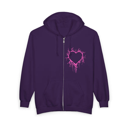 Lightning-Cracked Hollow Heart Zip Hoodie — Alternative/Goth/Punk Bleeding Heart Full‑Zip Sweatshirt in Electric Pink (The Only Hearts Collection)