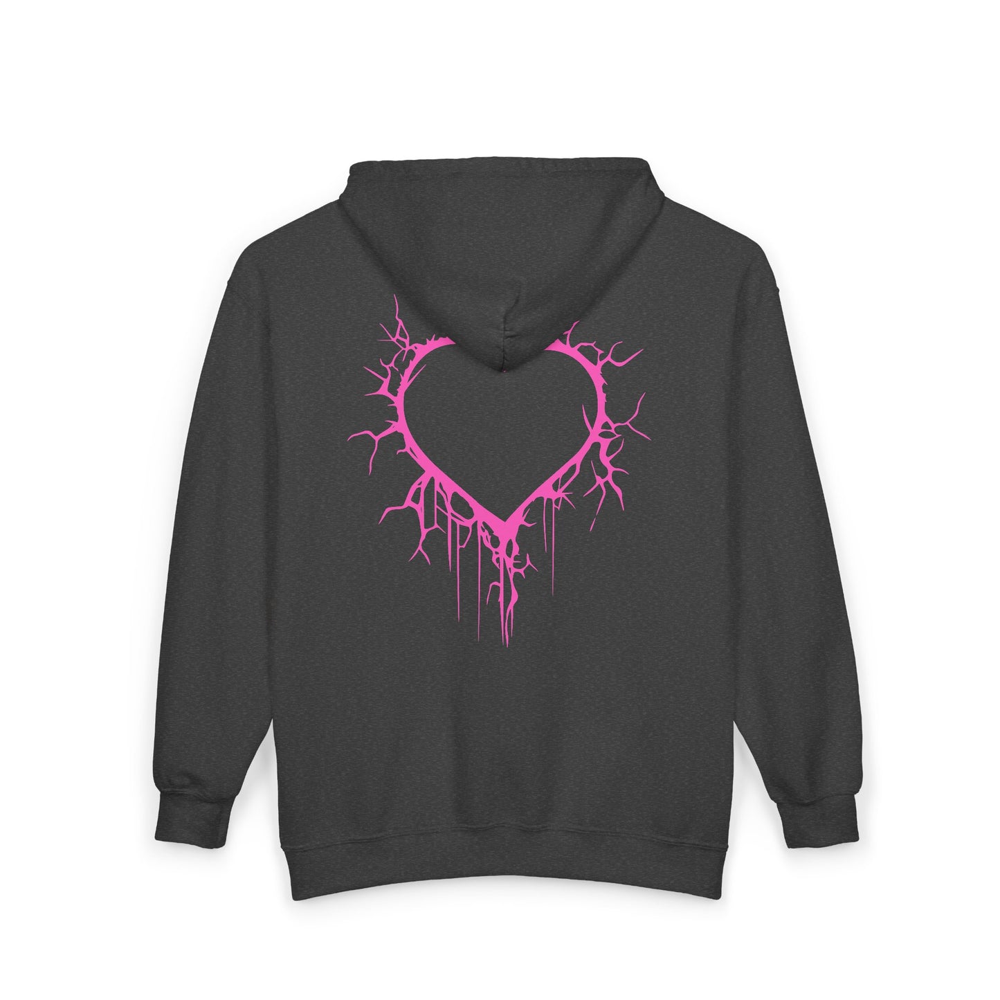Lightning-Cracked Hollow Heart Zip Hoodie — Alternative/Goth/Punk Bleeding Heart Full‑Zip Sweatshirt in Electric Pink (The Only Hearts Collection)