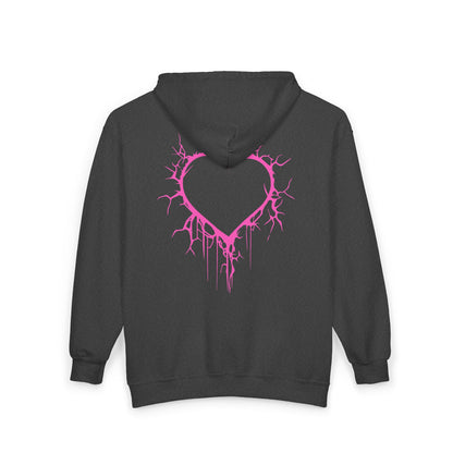 Lightning-Cracked Hollow Heart Zip Hoodie — Alternative/Goth/Punk Bleeding Heart Full‑Zip Sweatshirt in Electric Pink (The Only Hearts Collection)