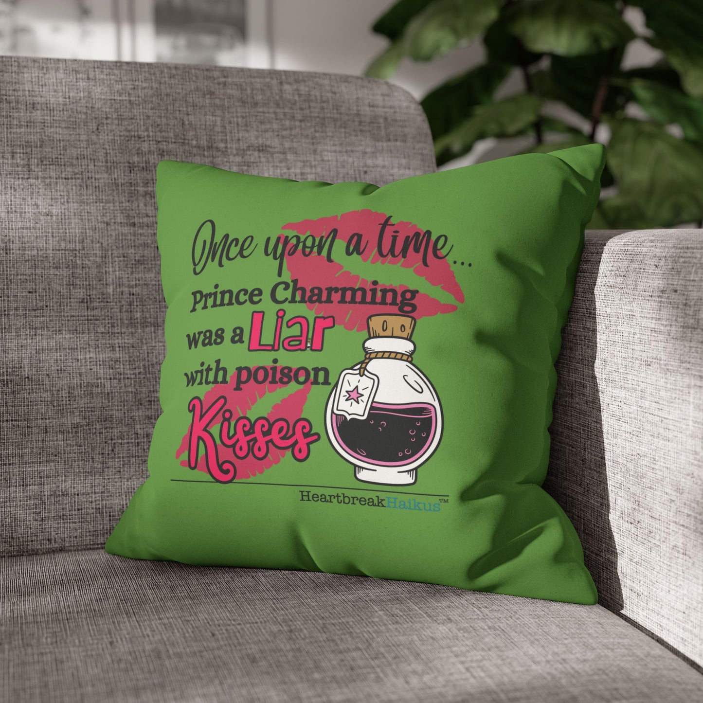 Prince Charming's Poison Kisses - Faux Suede Square Pillowcase (in Wicked Green)