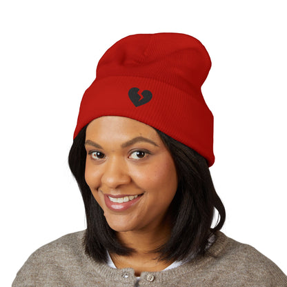 Embroidered Broken Heart Cuffed Beanie — Black-Heart Minimalist Knit Hat