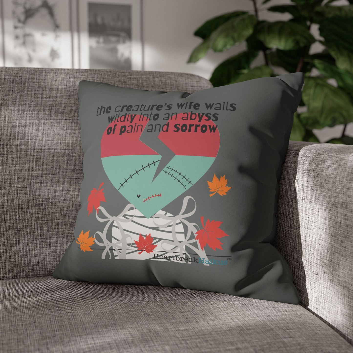 The Creature's Wife Wails Frankenstein Haiku - Faux Suede Square Pillowcase (in Moody Grey) - Frankenstein 2025 Makeover