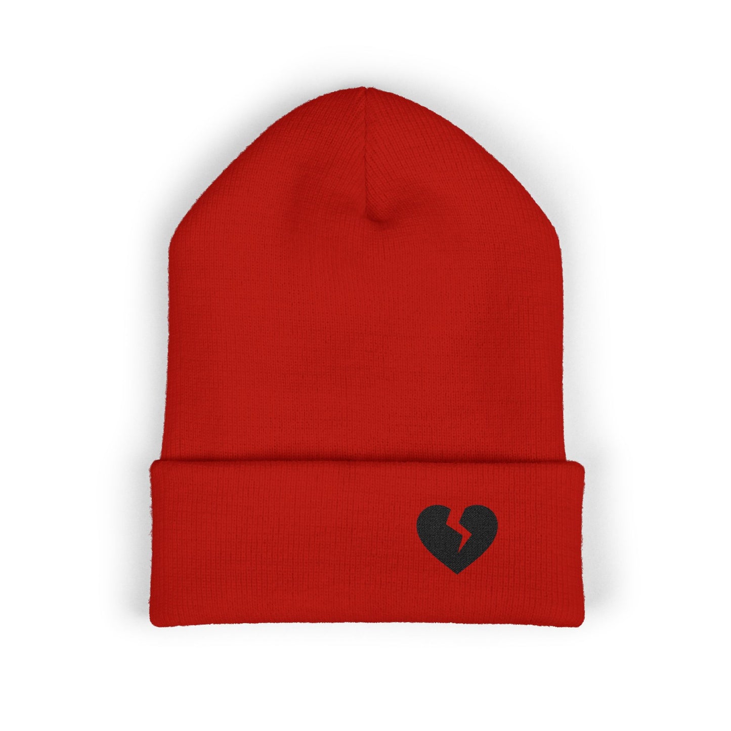 Embroidered Broken Heart Cuffed Beanie — Black-Heart Minimalist Knit Hat