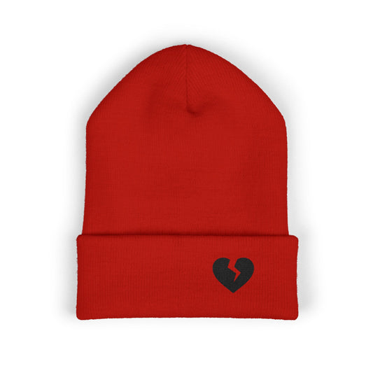 Embroidered Broken Heart Cuffed Beanie — Black-Heart Minimalist Knit Hat