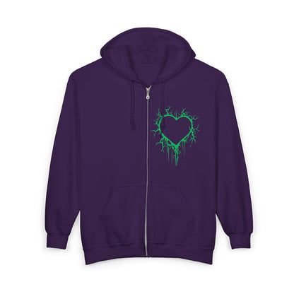 Lightning-Cracked Hollow Heart Zip Hoodie (in Electric Wicked Green) - (The Only Hearts Collection)