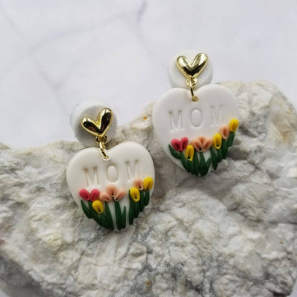 MOM Heart Tulip Clay Earrings
