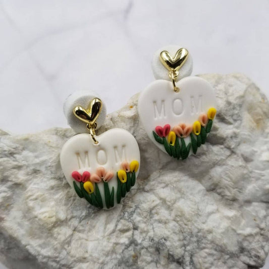 MOM Heart Tulip Clay Earrings