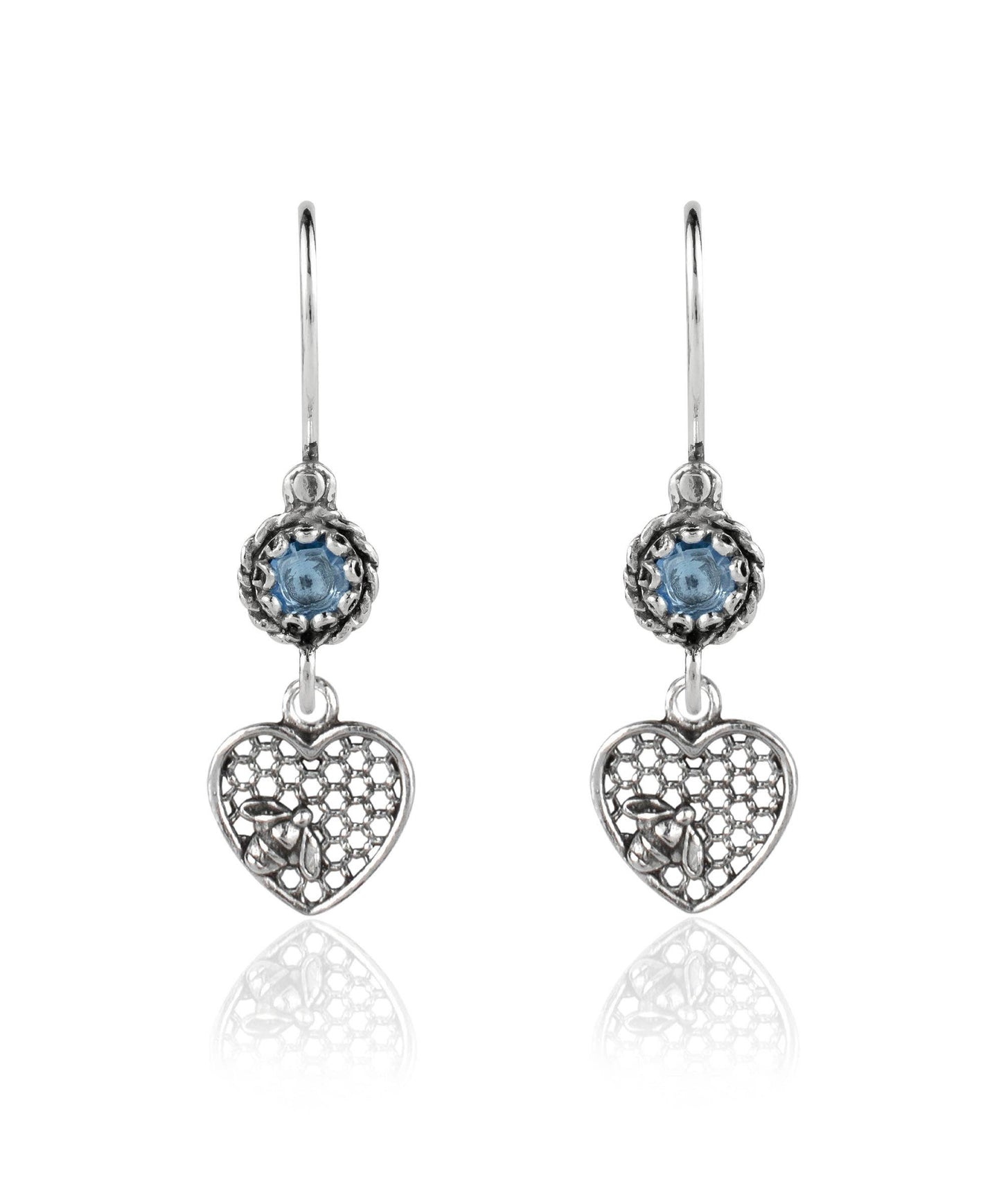 Bee on Honeycomb Heart - Gemstone Sterling Silver Dangle Drop Earrings