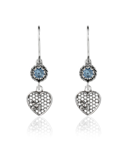 Bee on Honeycomb Heart - Gemstone Sterling Silver Dangle Drop Earrings
