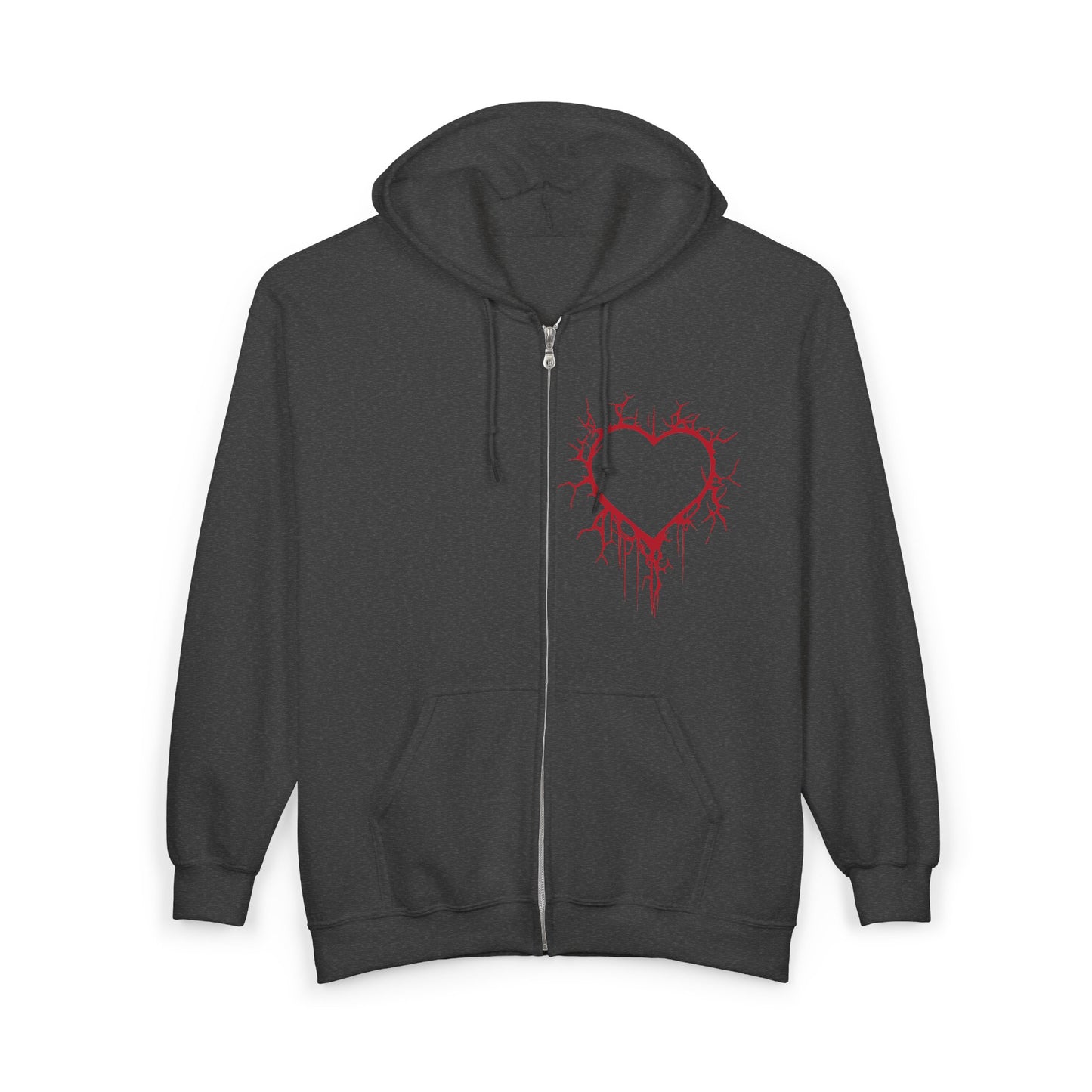 Cracked Hollow Heart Zip Hoodie — Alternative/Goth/Punk Bleeding Heart Full‑Zip Sweatshirt (The Only Hearts Collection)