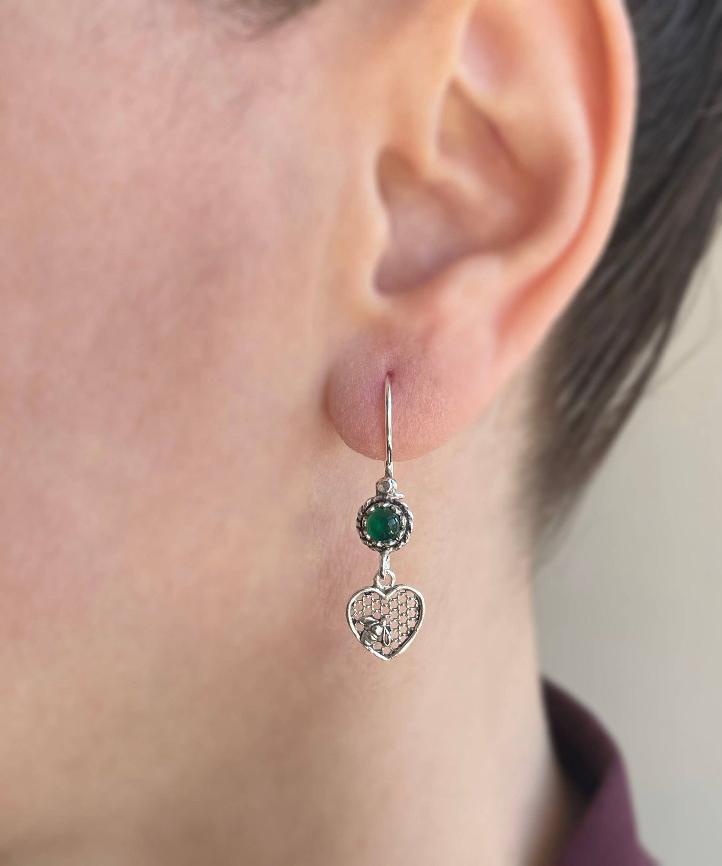 Bee on Honeycomb Heart - Gemstone Sterling Silver Dangle Drop Earrings