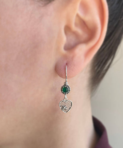 Bee on Honeycomb Heart - Gemstone Sterling Silver Dangle Drop Earrings