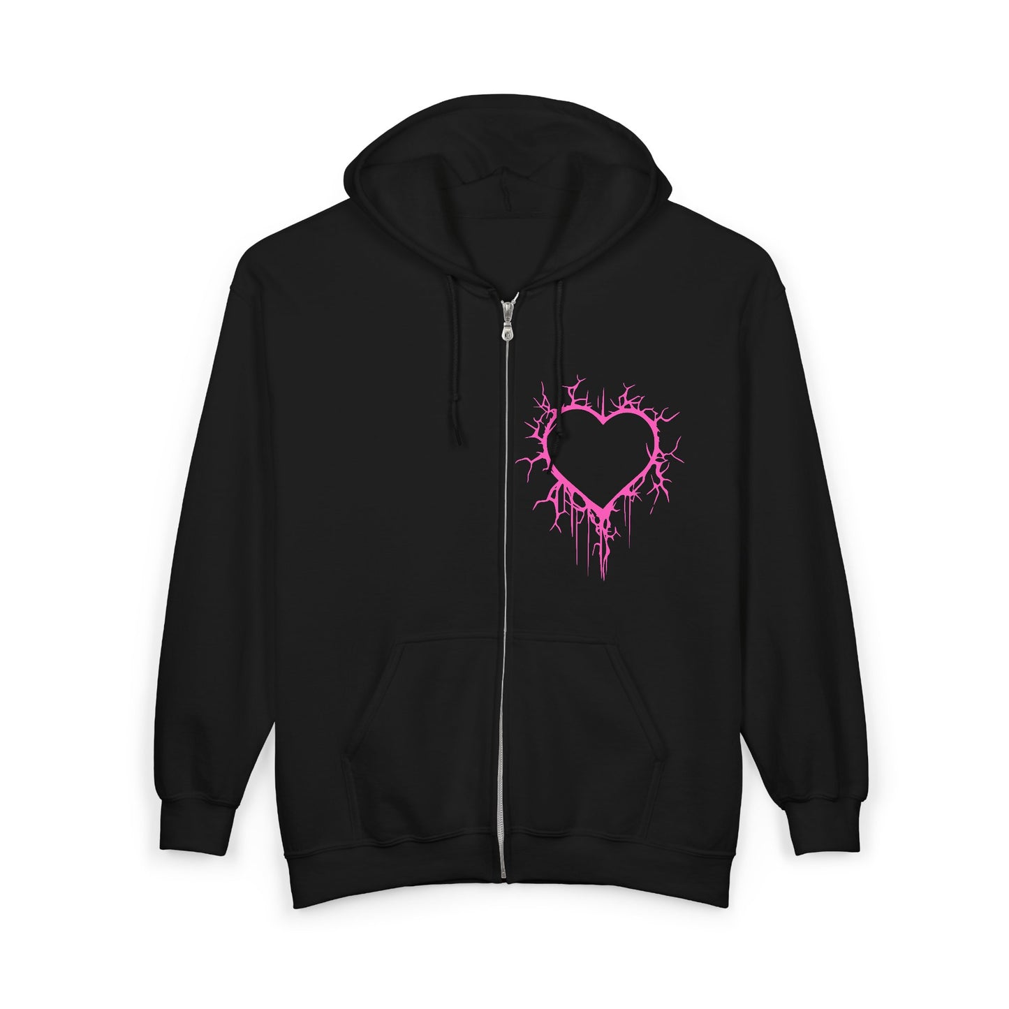 Lightning-Cracked Hollow Heart Zip Hoodie — Alternative/Goth/Punk Bleeding Heart Full‑Zip Sweatshirt in Electric Pink (The Only Hearts Collection)