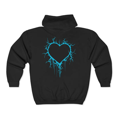 Lightning-Cracked Hollow Heart Zip Hoodie (in Electric Blue) - (The Only Hearts Collection)
