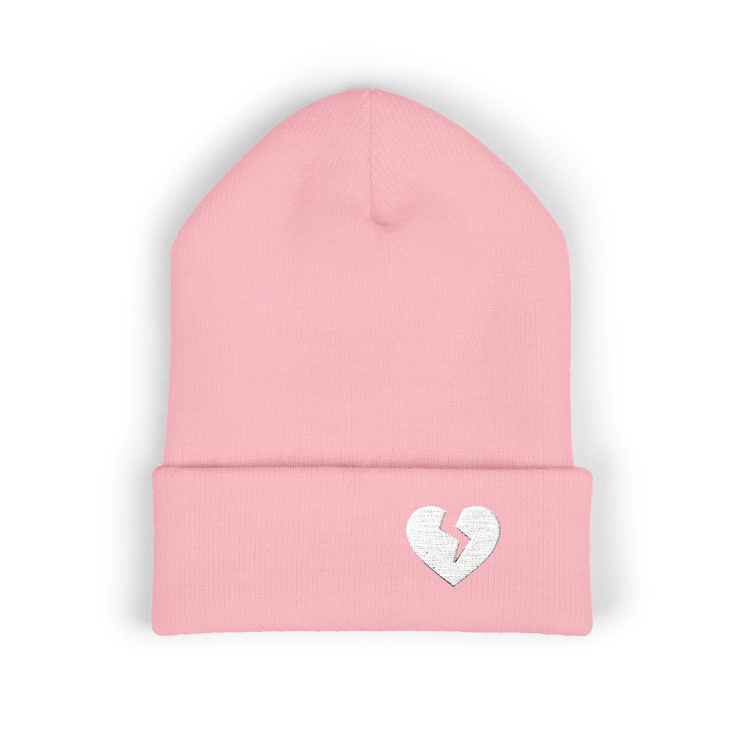Embroidered Broken Heart Cuffed Beanie — White-Heart Minimalist Knit Hat
